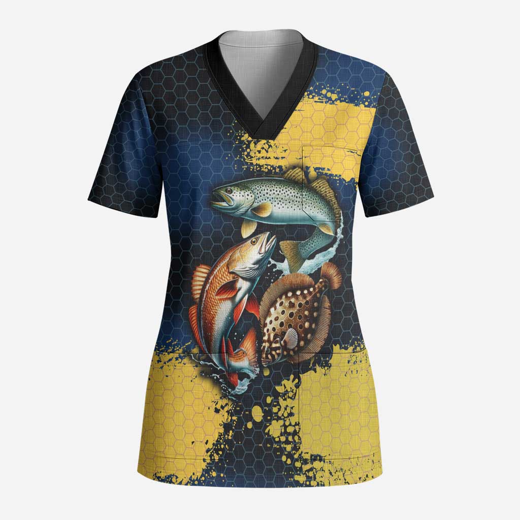 Custom Camo Redfish Scrub Top with Colorful Fish Design, Yellow Splatter Pattern - Wonder Print Shop