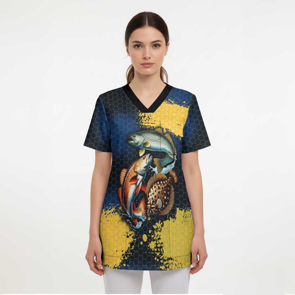 Custom Camo Redfish Scrub Top with Colorful Fish Design, Yellow Splatter Pattern - Wonder Print Shop