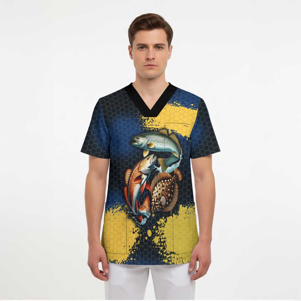 Custom Camo Redfish Scrub Top with Colorful Fish Design, Yellow Splatter Pattern - Wonder Print Shop