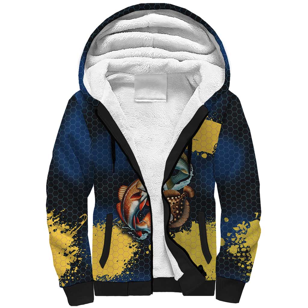 Custom Camo Redfish Sherpa Hoodie with Colorful Fish Design, Yellow Splatter Pattern - Wonder Print Shop