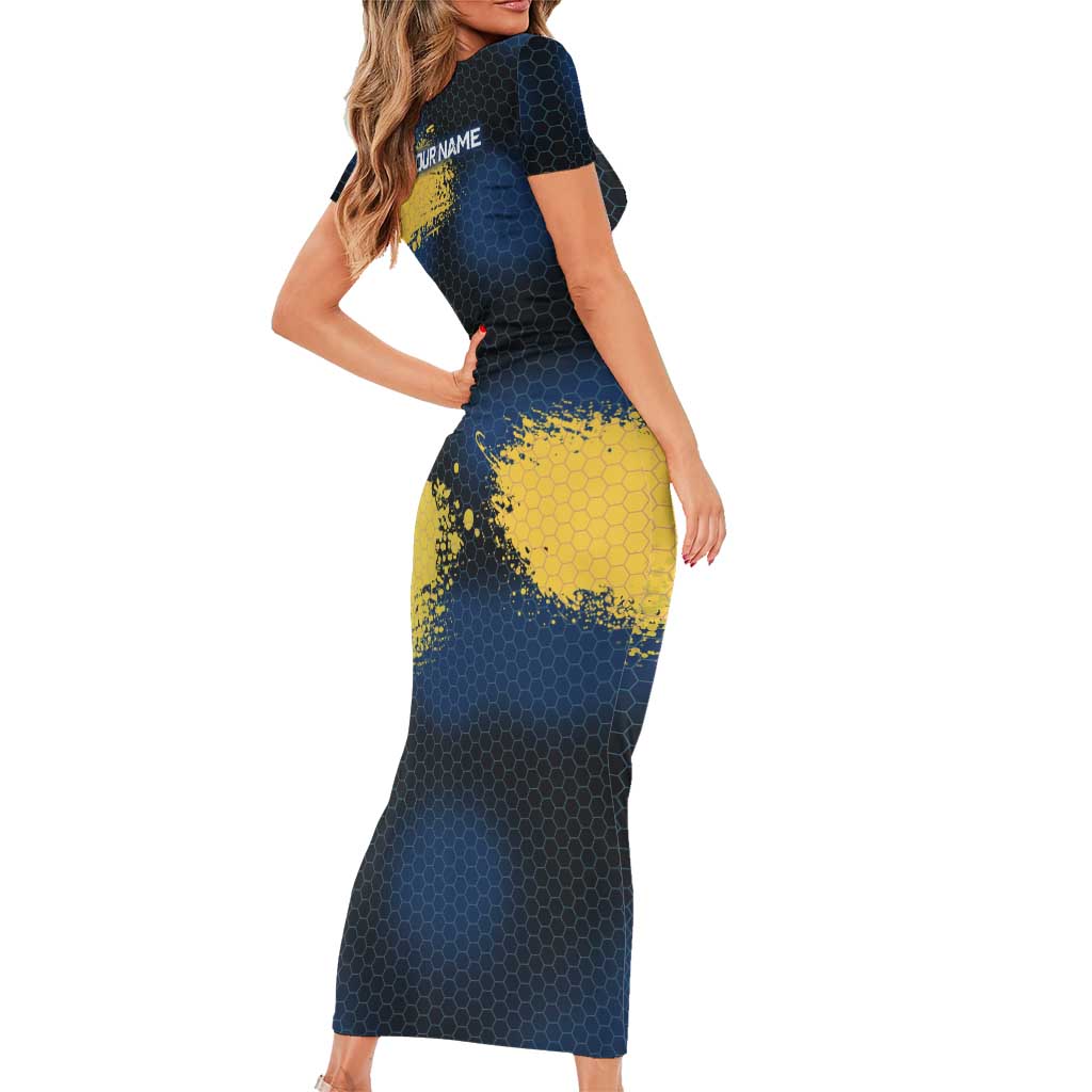 Custom Camo Redfish Short Sleeve Bodycon Dress with Colorful Fish Design, Yellow Splatter Pattern - Wonder Print Shop