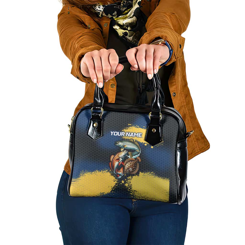 Custom Camo Redfish Shoulder Handbag with Colorful Fish Design, Yellow Splatter Pattern - Wonder Print Shop