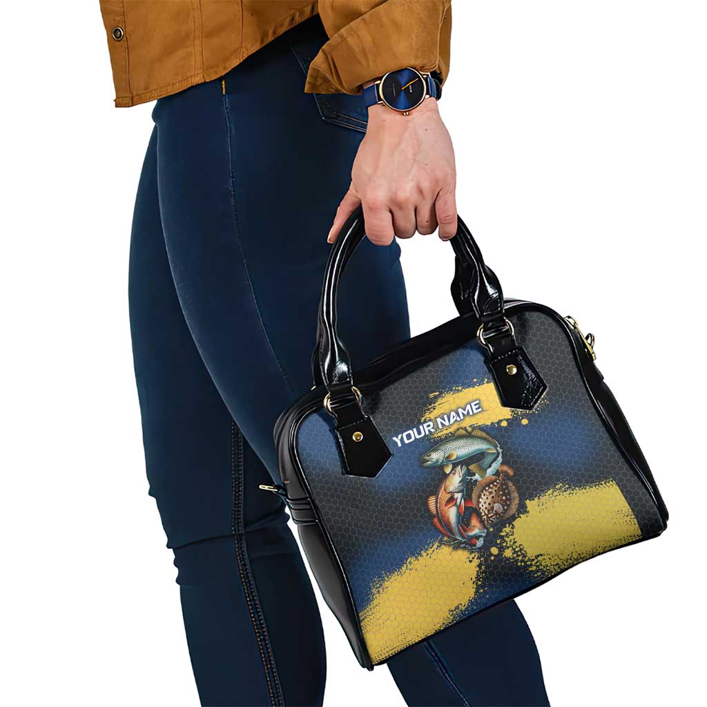 Custom Camo Redfish Shoulder Handbag with Colorful Fish Design, Yellow Splatter Pattern - Wonder Print Shop