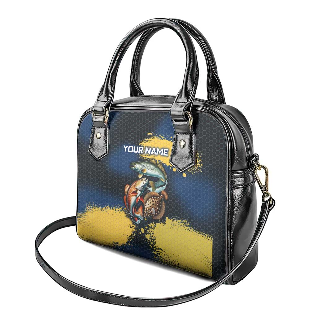 Custom Camo Redfish Shoulder Handbag with Colorful Fish Design, Yellow Splatter Pattern - Wonder Print Shop