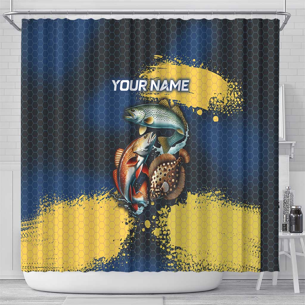 Custom Camo Redfish Shower Curtain with Colorful Fish Design, Yellow Splatter Pattern - Wonder Print Shop