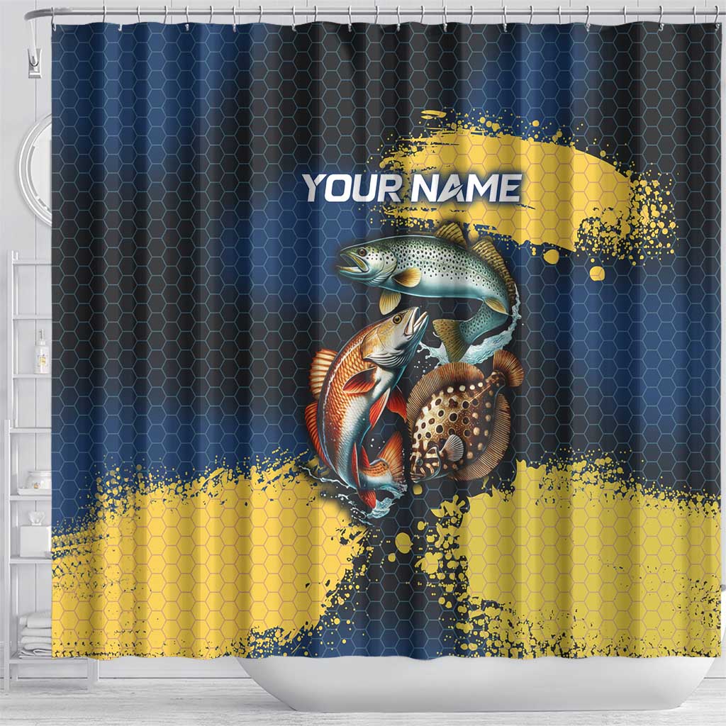 Custom Camo Redfish Shower Curtain with Colorful Fish Design, Yellow Splatter Pattern - Wonder Print Shop