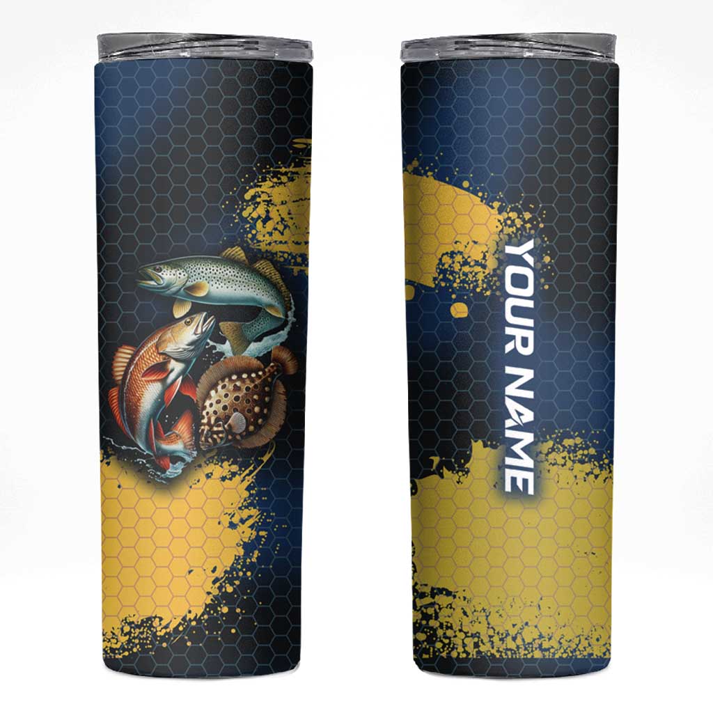 Custom Camo Redfish Skinny Tumbler with Colorful Fish Design, Yellow Splatter Pattern - Wonder Print Shop