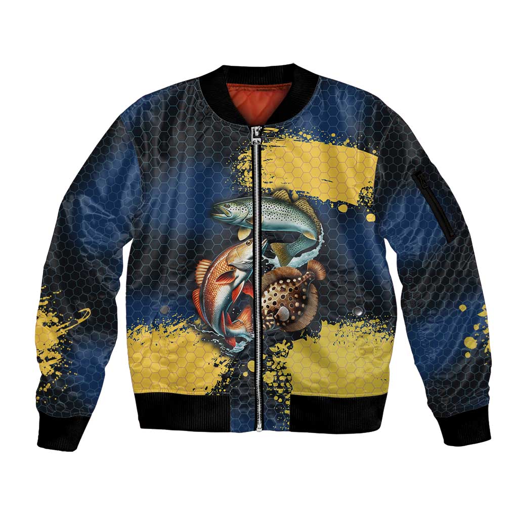 Custom Camo Redfish Sleeve Zip Bomber Jacket with Colorful Fish Design, Yellow Splatter Pattern - Wonder Print Shop