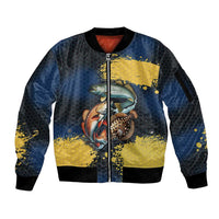 Custom Camo Redfish Sleeve Zip Bomber Jacket with Colorful Fish Design, Yellow Splatter Pattern - Wonder Print Shop