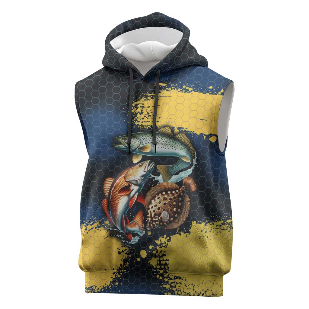 Custom Camo Redfish Sleeveless Hoodie with Colorful Fish Design, Yellow Splatter Pattern - Wonder Print Shop