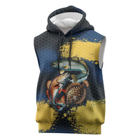 Custom Camo Redfish Sleeveless Hoodie with Colorful Fish Design, Yellow Splatter Pattern - Wonder Print Shop