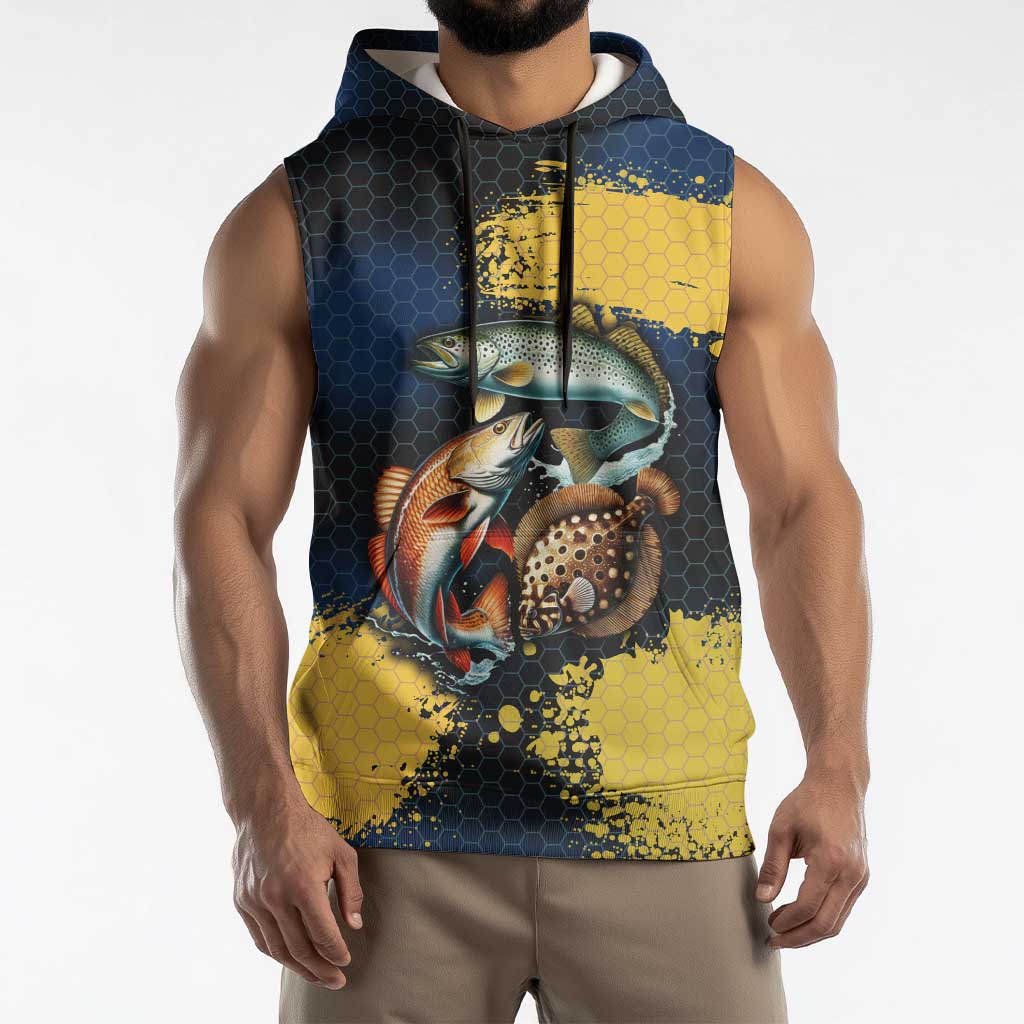 Custom Camo Redfish Sleeveless Hoodie with Colorful Fish Design, Yellow Splatter Pattern - Wonder Print Shop