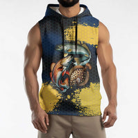 Custom Camo Redfish Sleeveless Hoodie with Colorful Fish Design, Yellow Splatter Pattern - Wonder Print Shop