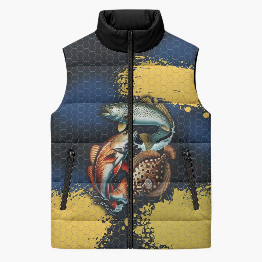 Custom Camo Redfish Sleeveless Puffer Jacket with Colorful Fish Design, Yellow Splatter Pattern - Wonder Print Shop