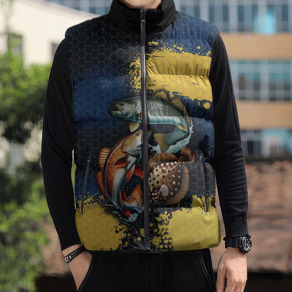 Custom Camo Redfish Sleeveless Puffer Jacket with Colorful Fish Design, Yellow Splatter Pattern - Wonder Print Shop