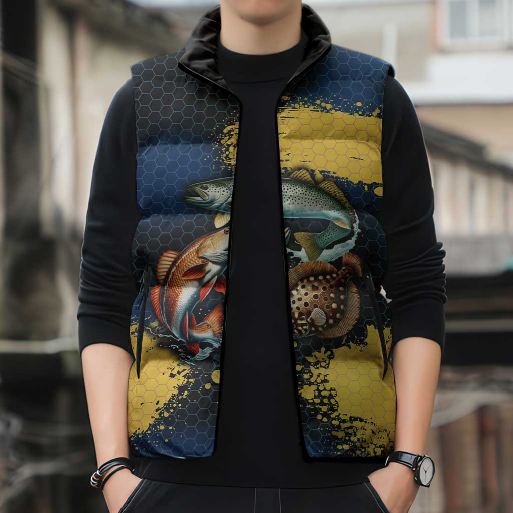 Custom Camo Redfish Sleeveless Puffer Jacket with Colorful Fish Design, Yellow Splatter Pattern - Wonder Print Shop