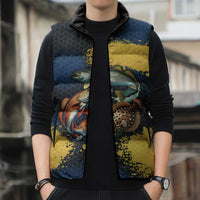 Custom Camo Redfish Sleeveless Puffer Jacket with Colorful Fish Design, Yellow Splatter Pattern - Wonder Print Shop
