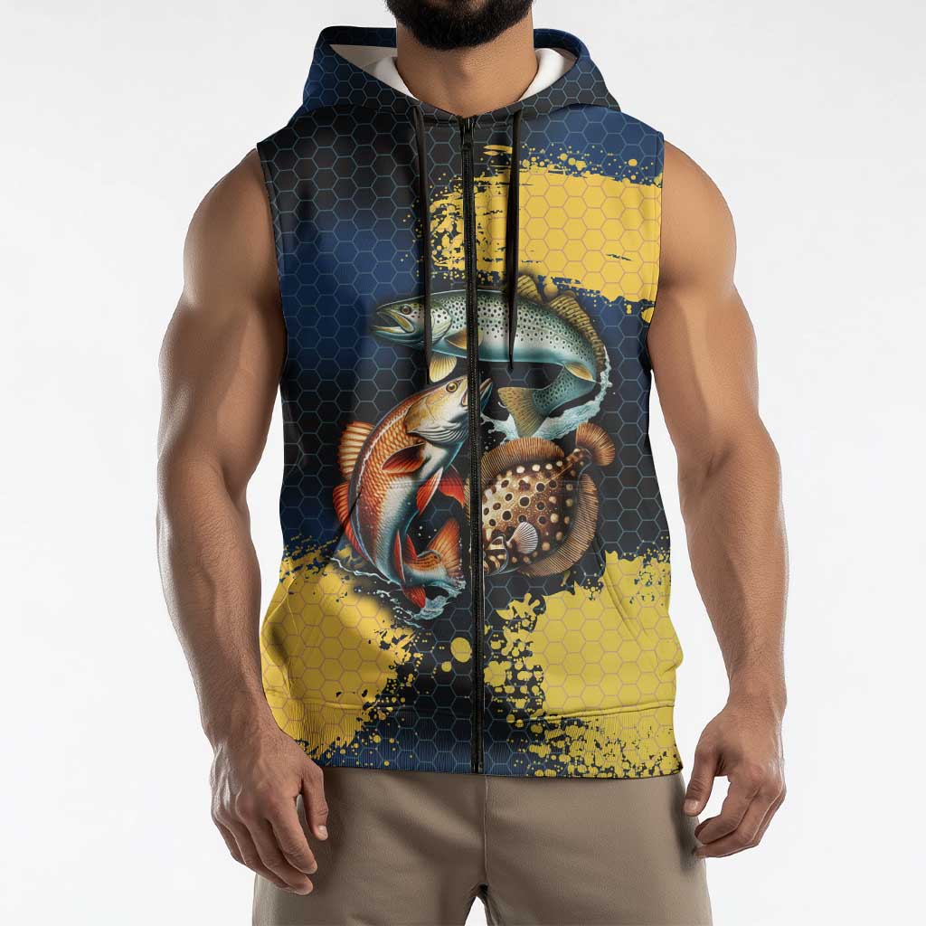 Custom Camo Redfish Sleeveless Zip Hoodie with Colorful Fish Design, Yellow Splatter Pattern - Wonder Print Shop