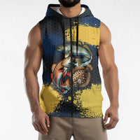 Custom Camo Redfish Sleeveless Zip Hoodie with Colorful Fish Design, Yellow Splatter Pattern - Wonder Print Shop