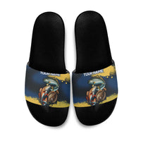 Custom Camo Redfish Slide Sandals with Colorful Fish Design, Yellow Splatter Pattern - Wonder Print Shop
