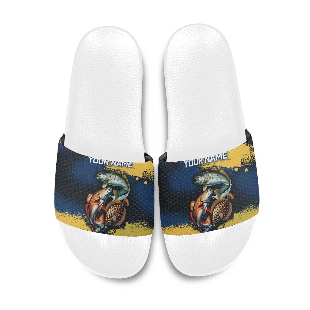 Custom Camo Redfish Slide Sandals with Colorful Fish Design, Yellow Splatter Pattern - Wonder Print Shop