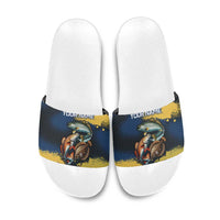 Custom Camo Redfish Slide Sandals with Colorful Fish Design, Yellow Splatter Pattern - Wonder Print Shop