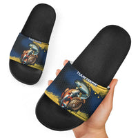 Custom Camo Redfish Slide Sandals with Colorful Fish Design, Yellow Splatter Pattern - Wonder Print Shop