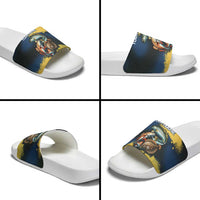 Custom Camo Redfish Slide Sandals with Colorful Fish Design, Yellow Splatter Pattern - Wonder Print Shop