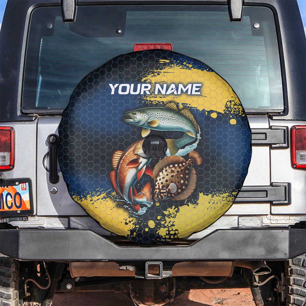 Custom Camo Redfish Spare Tire Cover with Colorful Fish Design, Yellow Splatter Pattern - Wonder Print Shop