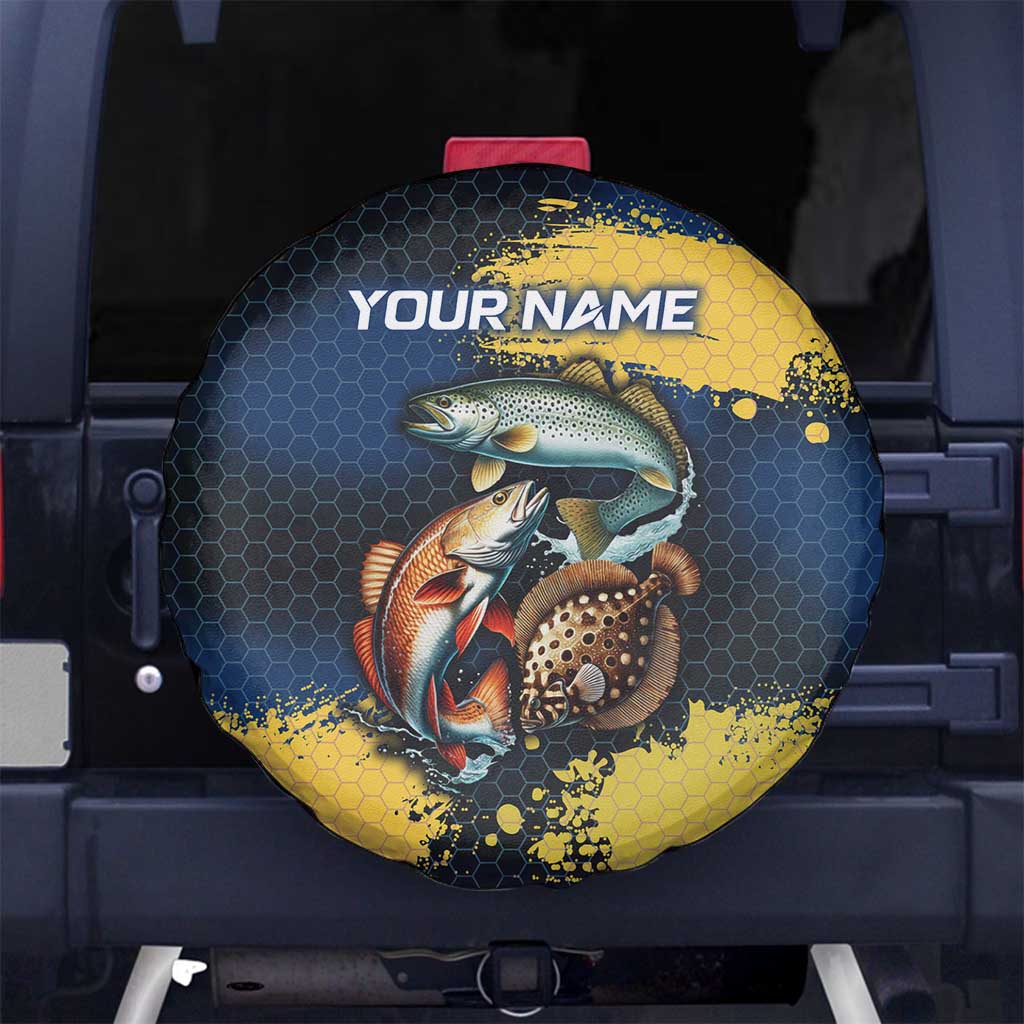 Custom Camo Redfish Spare Tire Cover with Colorful Fish Design, Yellow Splatter Pattern - Wonder Print Shop