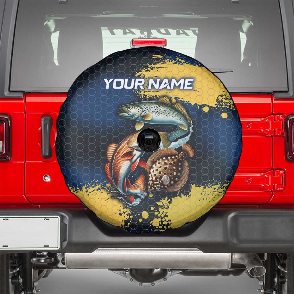 Custom Camo Redfish Spare Tire Cover with Colorful Fish Design, Yellow Splatter Pattern - Wonder Print Shop