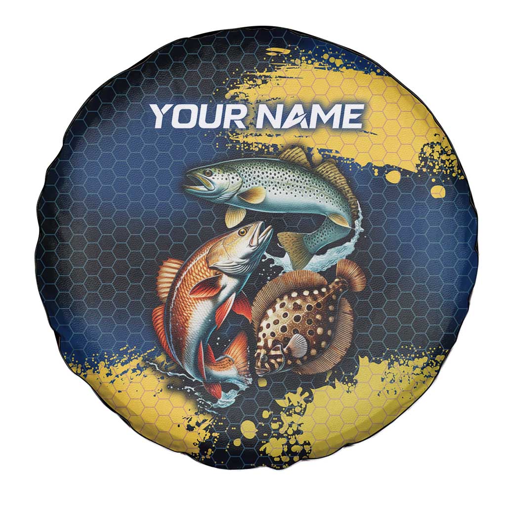 Custom Camo Redfish Spare Tire Cover with Colorful Fish Design, Yellow Splatter Pattern - Wonder Print Shop