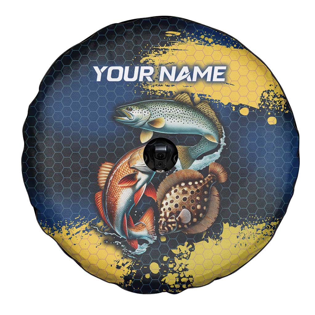Custom Camo Redfish Spare Tire Cover with Colorful Fish Design, Yellow Splatter Pattern - Wonder Print Shop