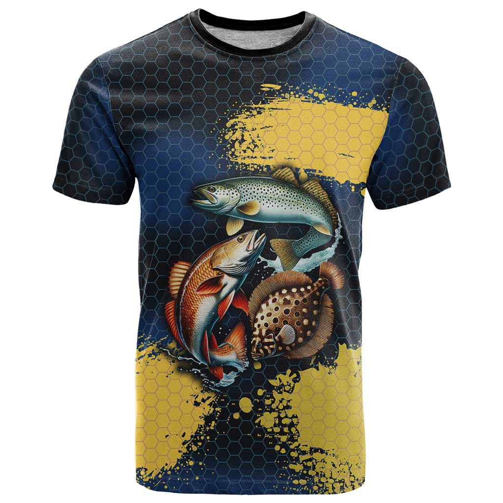 Custom Camo Redfish T Shirt with Colorful Fish Design, Yellow Splatter Pattern - Wonder Print Shop