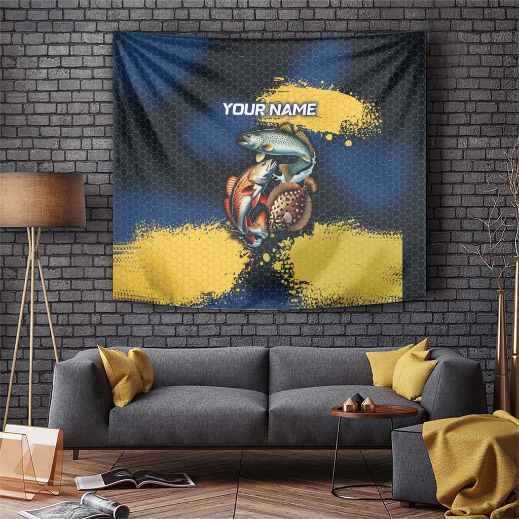 Custom Camo Redfish Tapestry with Colorful Fish Design, Yellow Splatter Pattern - Wonder Print Shop