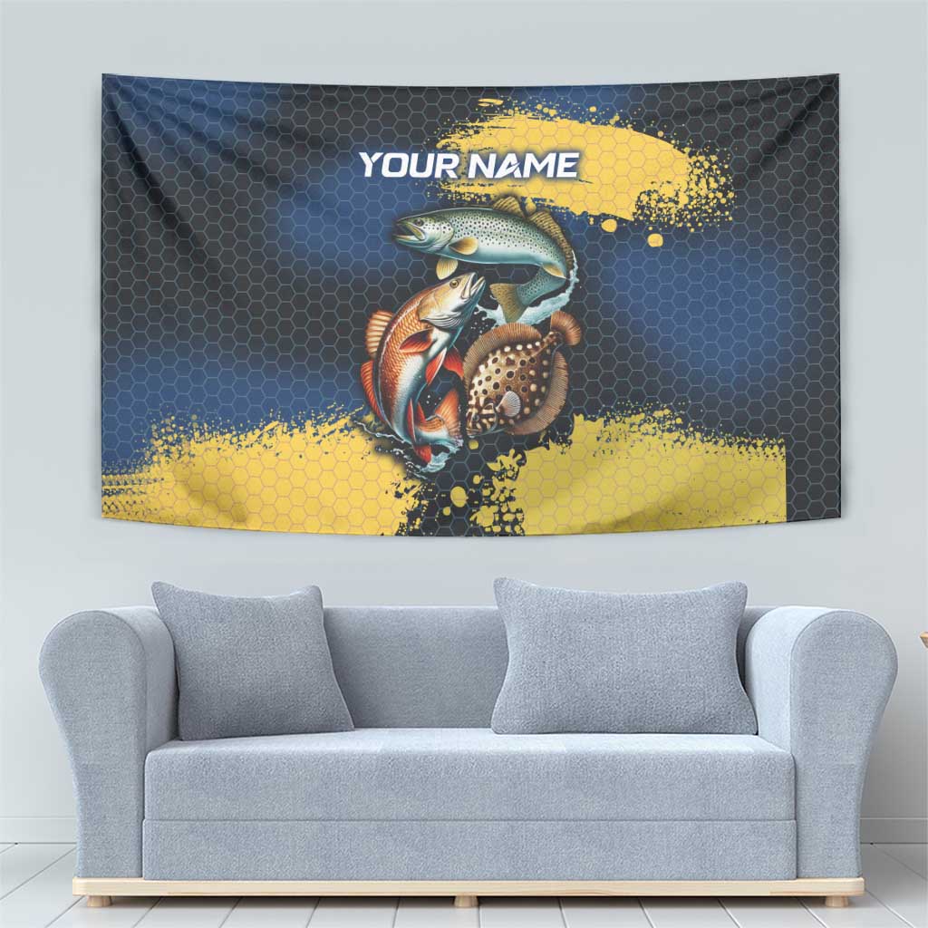 Custom Camo Redfish Tapestry with Colorful Fish Design, Yellow Splatter Pattern - Wonder Print Shop