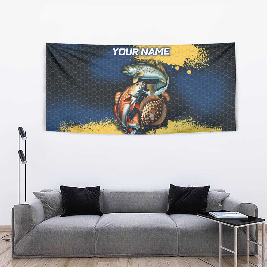 Custom Camo Redfish Tapestry with Colorful Fish Design, Yellow Splatter Pattern - Wonder Print Shop