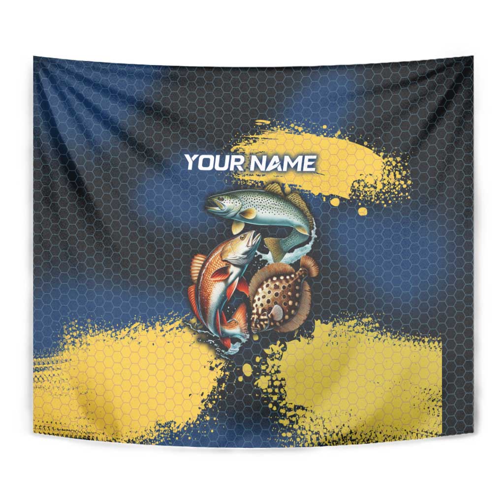 Custom Camo Redfish Tapestry with Colorful Fish Design, Yellow Splatter Pattern - Wonder Print Shop