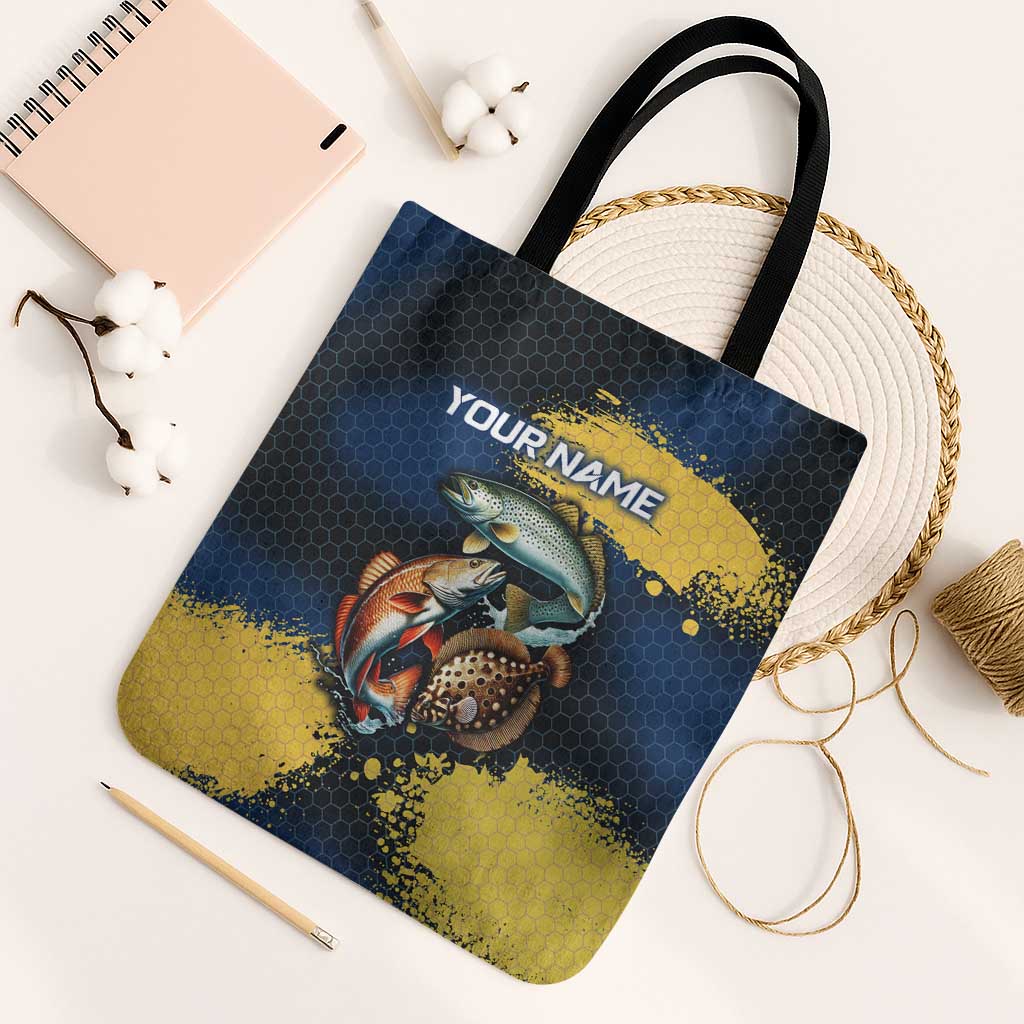 Custom Camo Redfish Tote Bag with Colorful Fish Design, Yellow Splatter Pattern - Wonder Print Shop