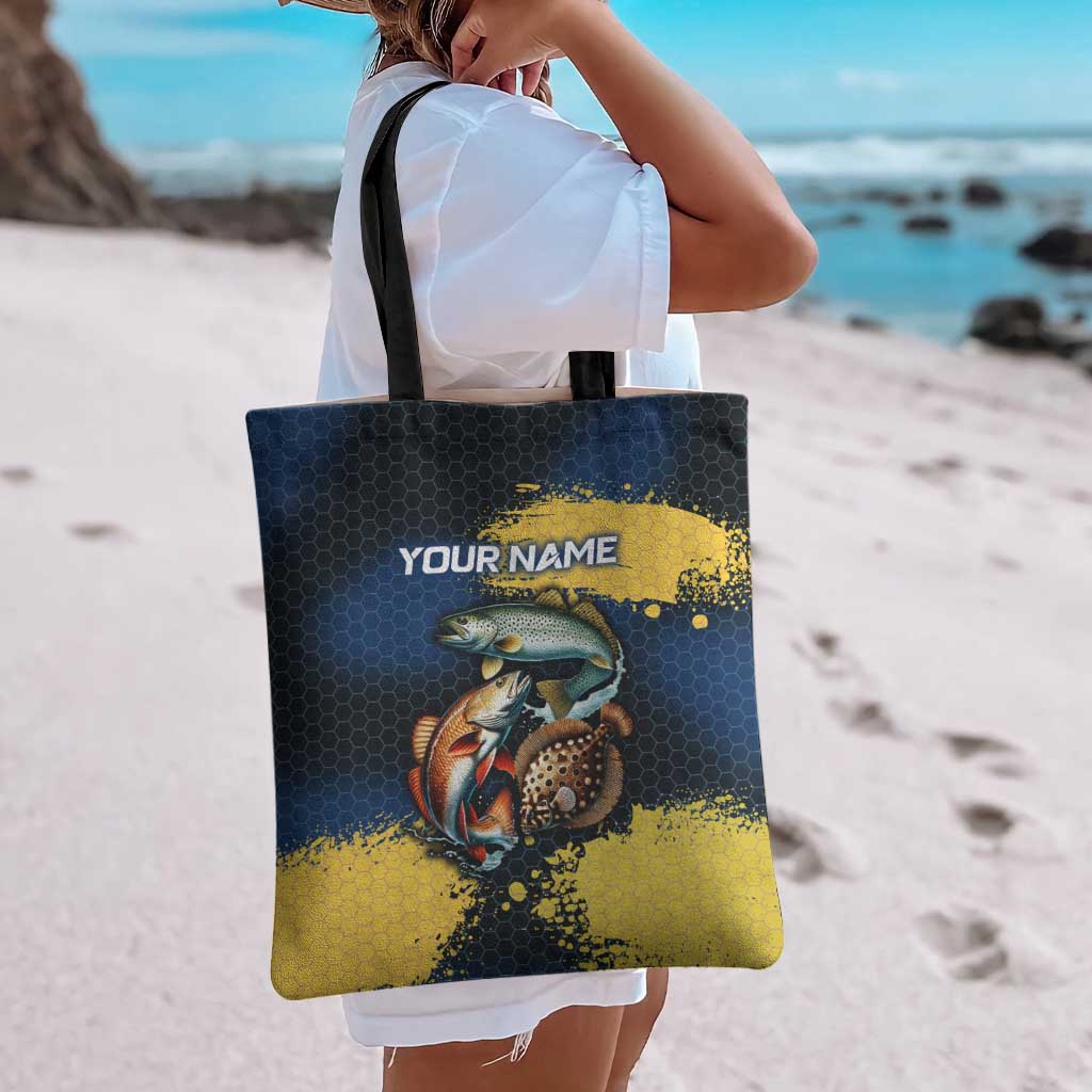 Custom Camo Redfish Tote Bag with Colorful Fish Design, Yellow Splatter Pattern - Wonder Print Shop