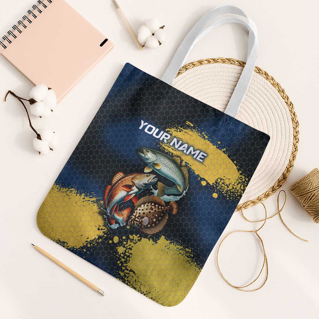 Custom Camo Redfish Tote Bag with Colorful Fish Design, Yellow Splatter Pattern - Wonder Print Shop