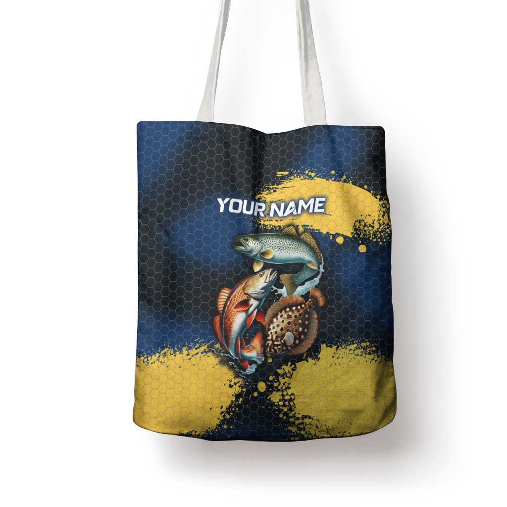 Custom Camo Redfish Tote Bag with Colorful Fish Design, Yellow Splatter Pattern - Wonder Print Shop