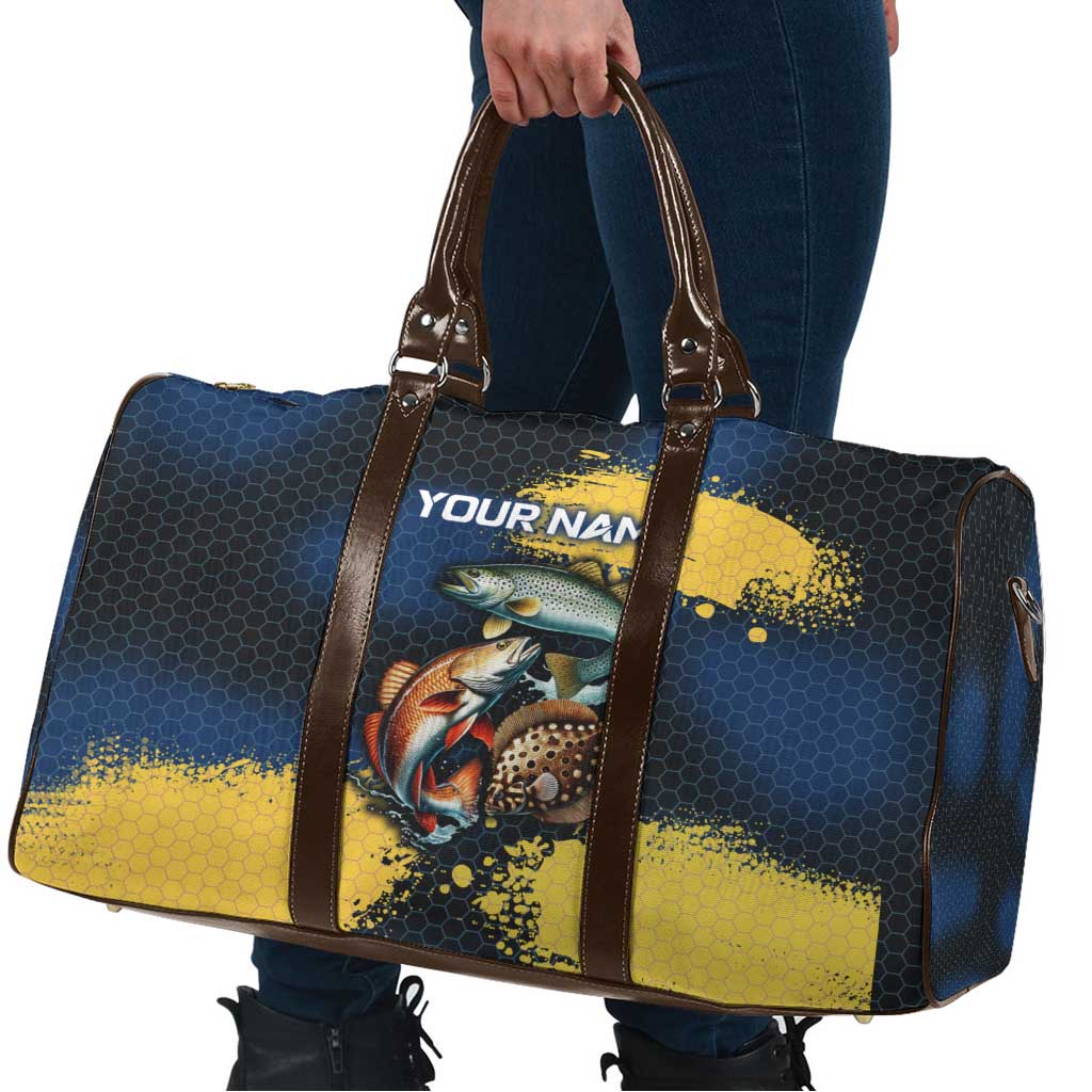 Custom Camo Redfish Travel Bag with Colorful Fish Design, Yellow Splatter Pattern - Wonder Print Shop