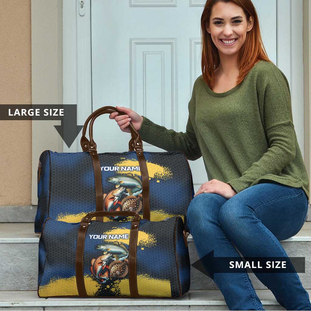 Custom Camo Redfish Travel Bag with Colorful Fish Design, Yellow Splatter Pattern - Wonder Print Shop