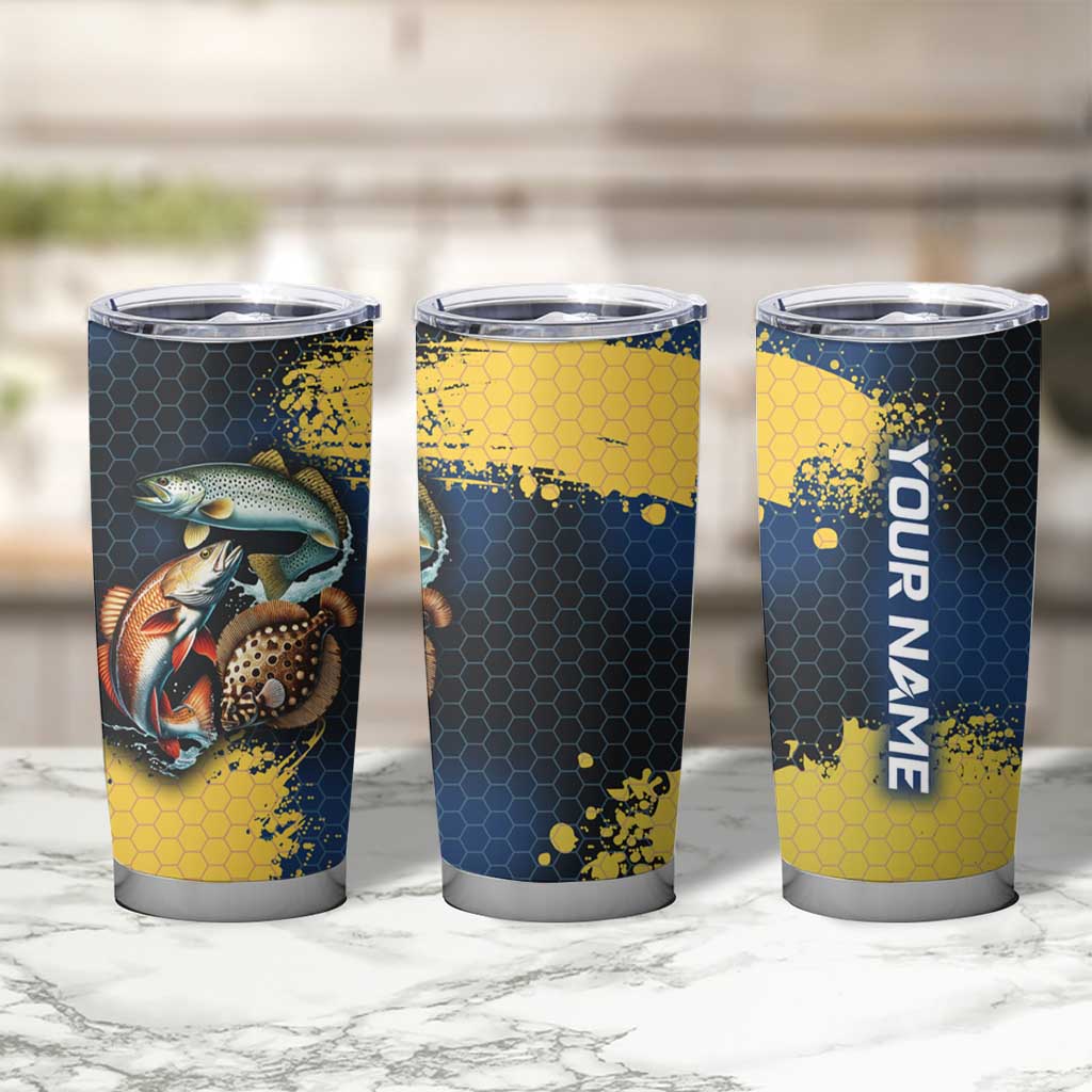 Custom Camo Redfish Tumbler Cup with Colorful Fish Design, Yellow Splatter Pattern - Wonder Print Shop