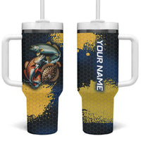 Custom Camo Redfish Tumbler With Handle with Colorful Fish Design, Yellow Splatter Pattern - Wonder Print Shop