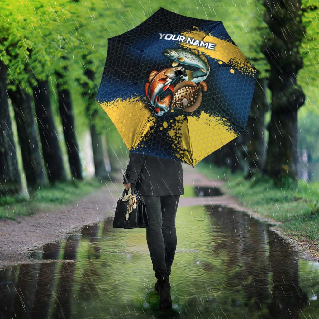 Custom Camo Redfish Umbrella with Colorful Fish Design, Yellow Splatter Pattern - Wonder Print Shop