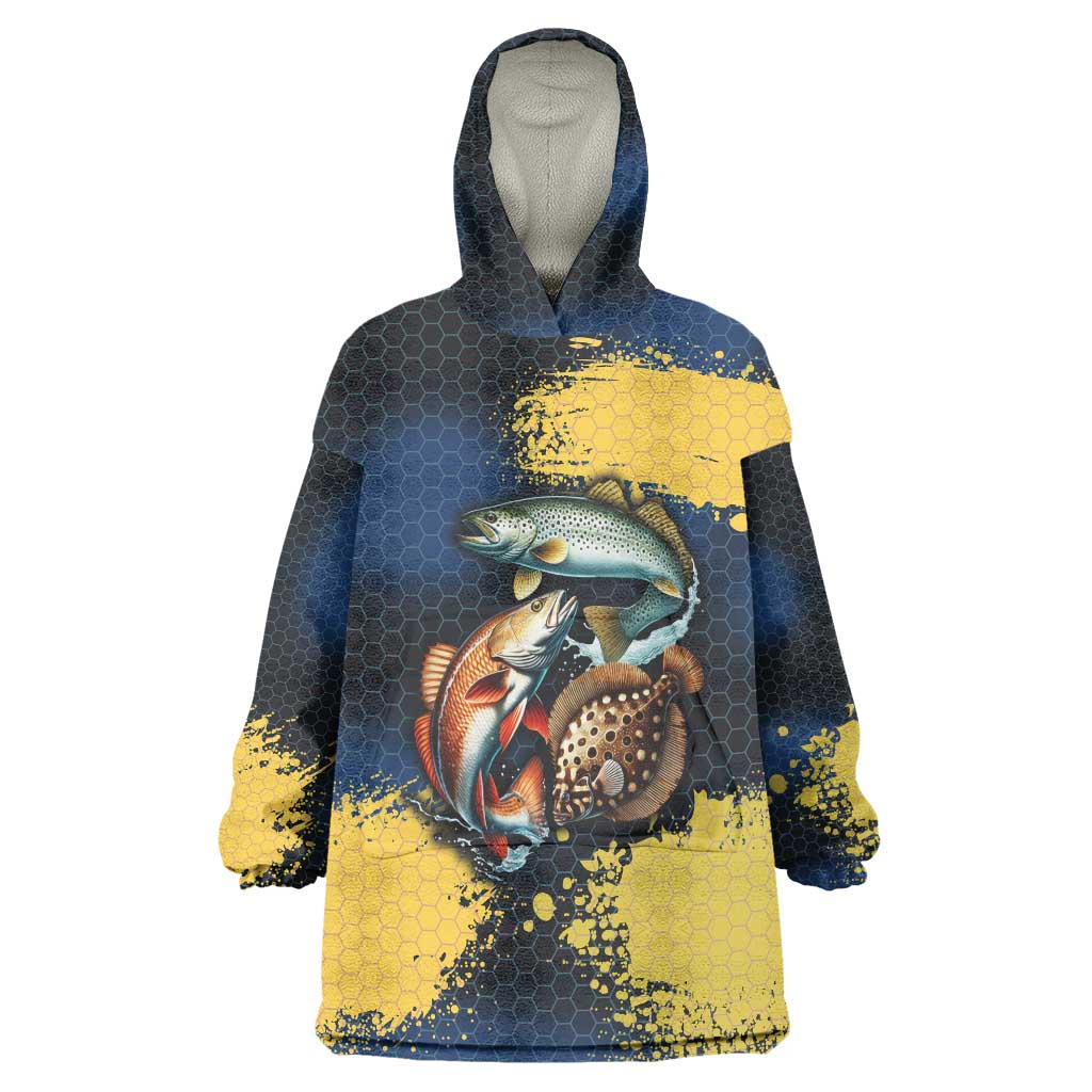 Custom Camo Redfish Wearable Blanket Hoodie with Colorful Fish Design, Yellow Splatter Pattern - Wonder Print Shop