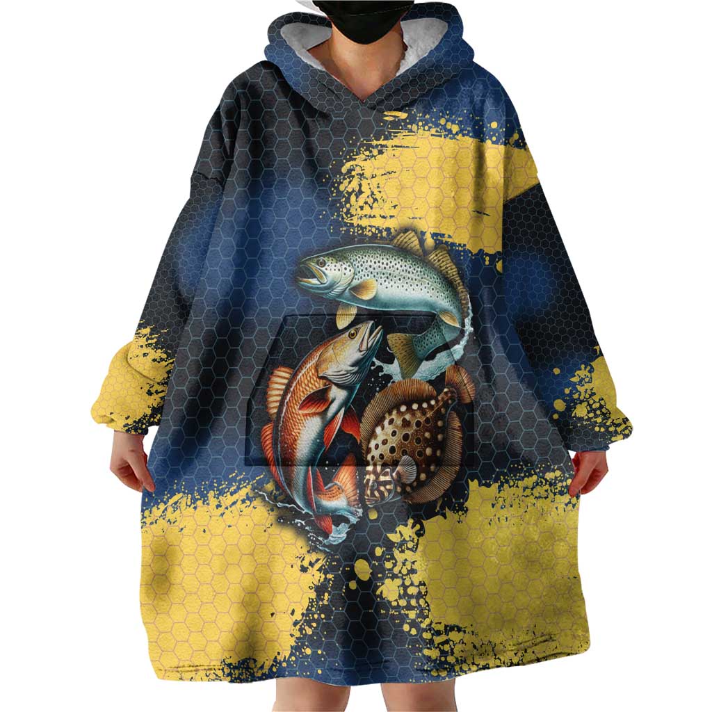 Custom Camo Redfish Wearable Blanket Hoodie with Colorful Fish Design, Yellow Splatter Pattern - Wonder Print Shop