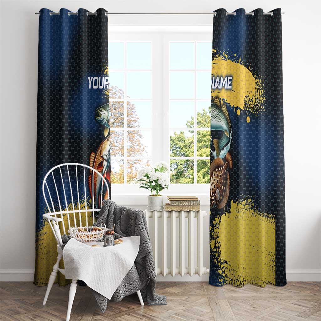 Custom Camo Redfish Window Curtain with Colorful Fish Design, Yellow Splatter Pattern - Wonder Print Shop
